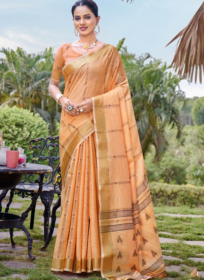 Cotton Peach Daily Wear Weaving Saree